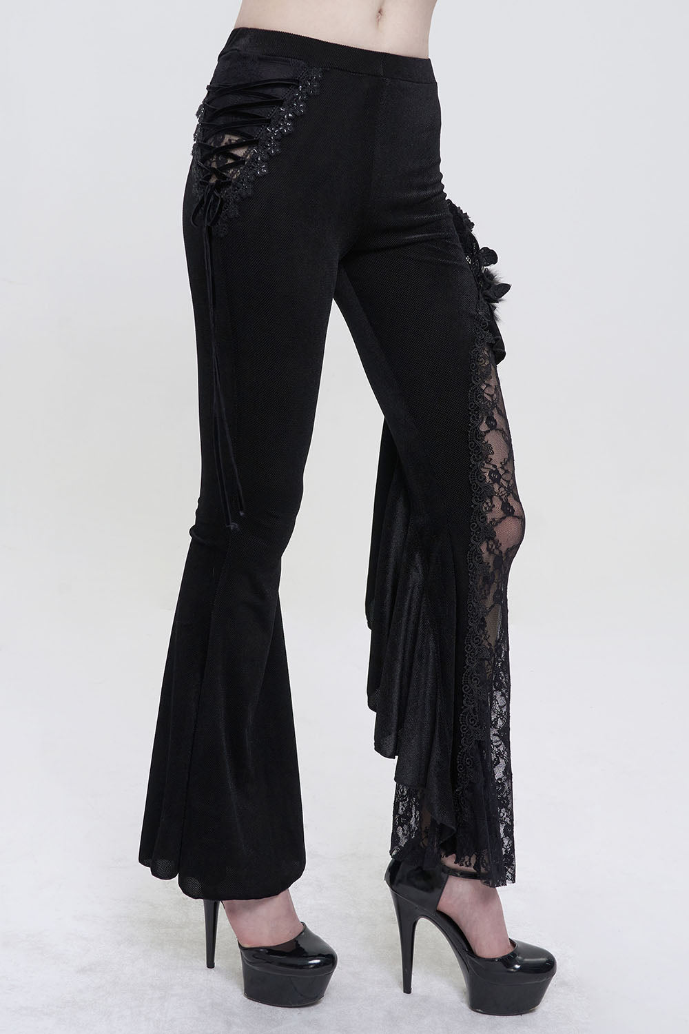Gothic Ruched Pants with Tulle and Lace Flare Hem