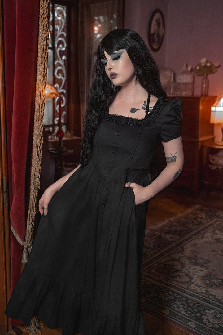 black cotton ruffle dress with pockets