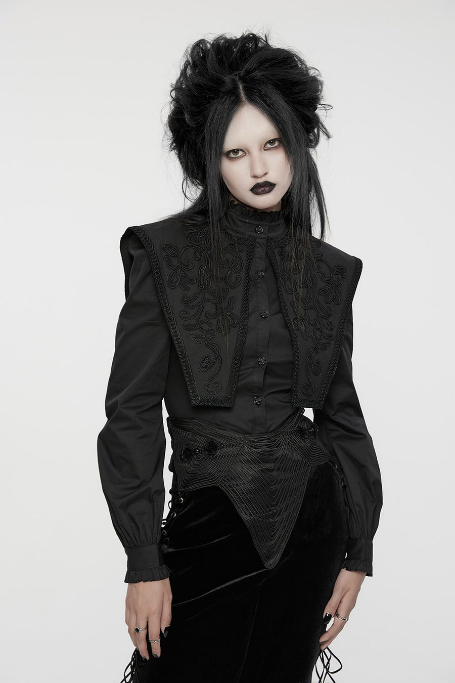 ruffled button up art deco blouse