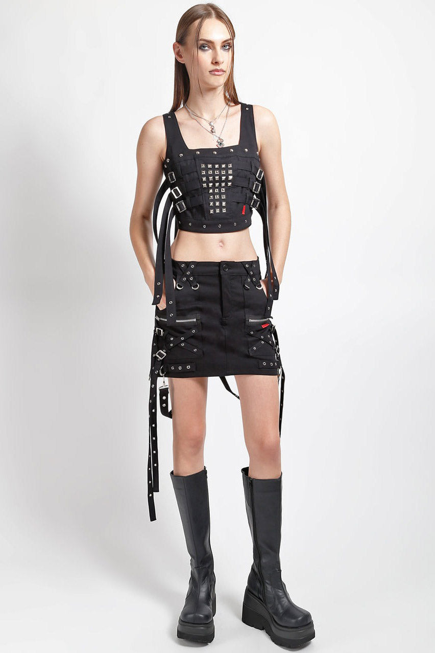 womens cropped pyramid stud buckle top