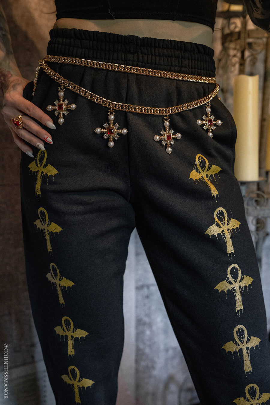 black gothic cotton jersey pants with Egyptian ankh symbols