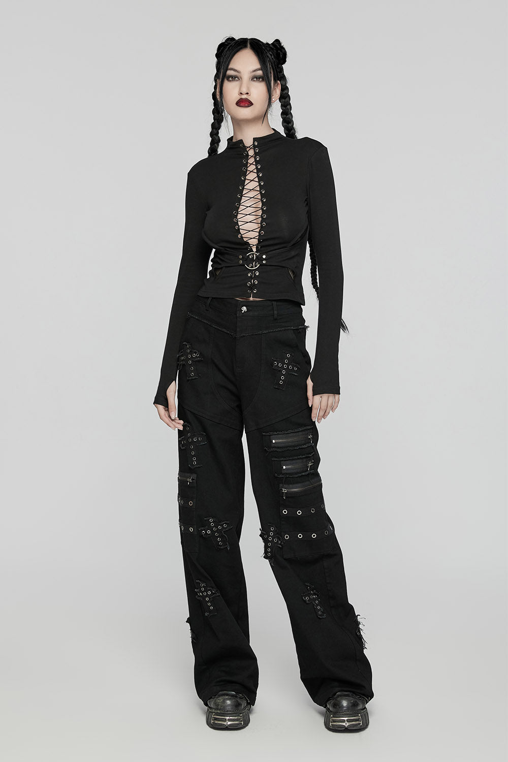 grunge goth lace-up deep vneck top