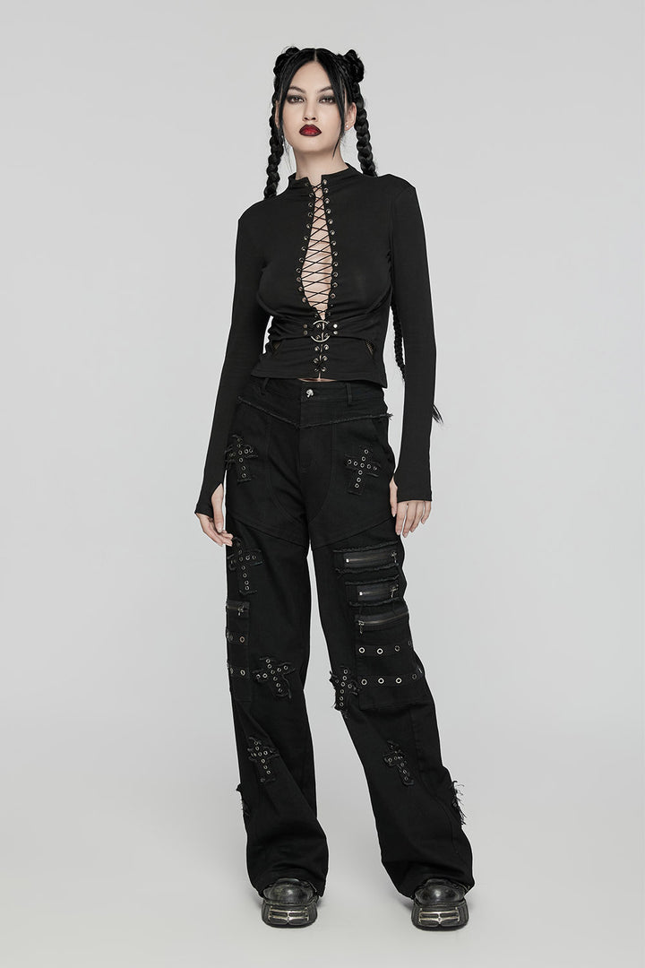 grunge goth lace-up deep vneck top