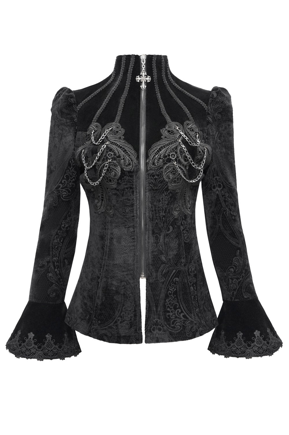 womens embroidered chain high collar gothic coat