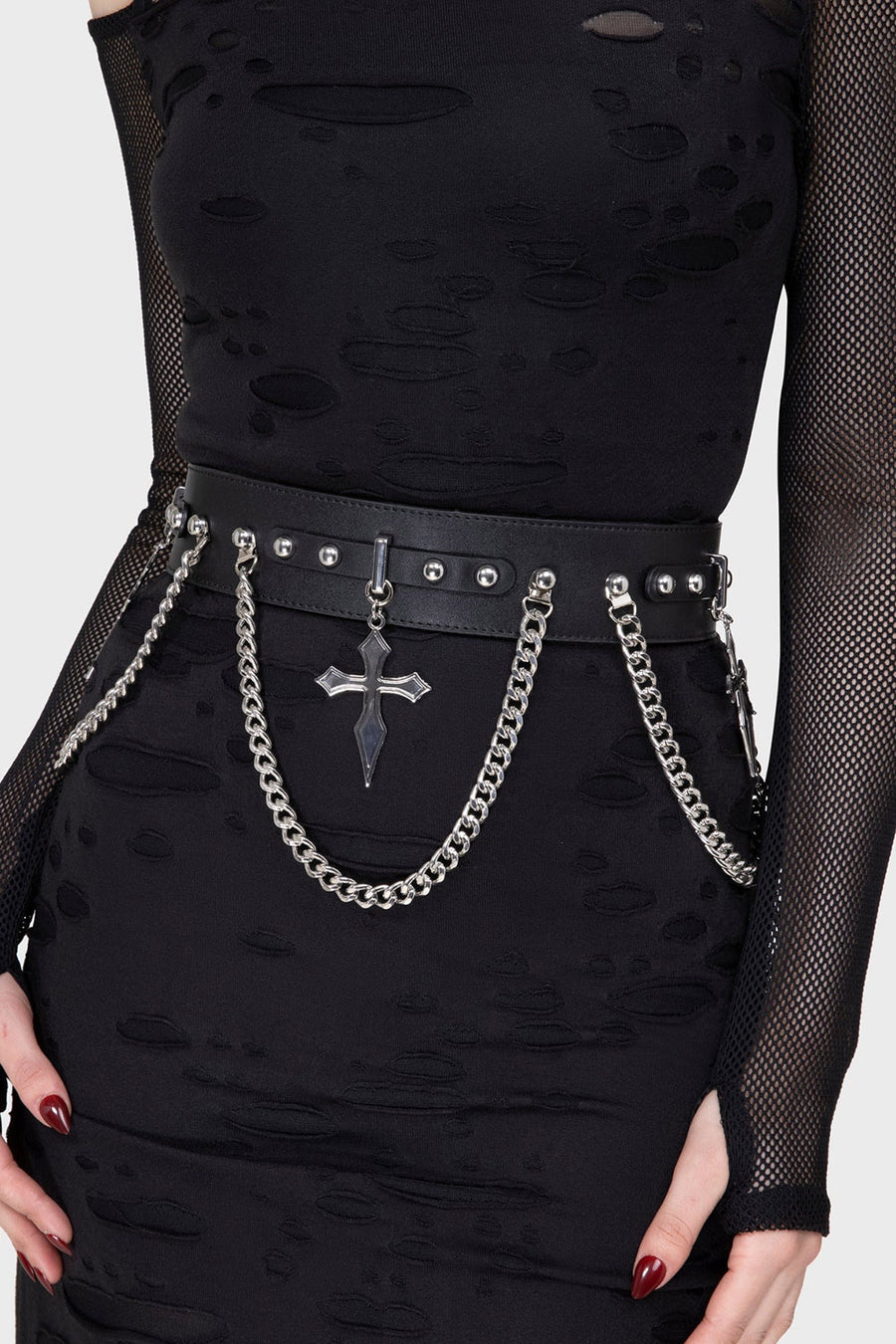 vegan leather high-waisted belt with gothic cross charms