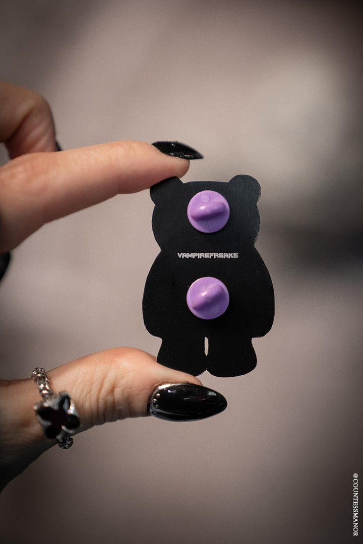 emo skeleton teddy bear pin with purple pin buttons