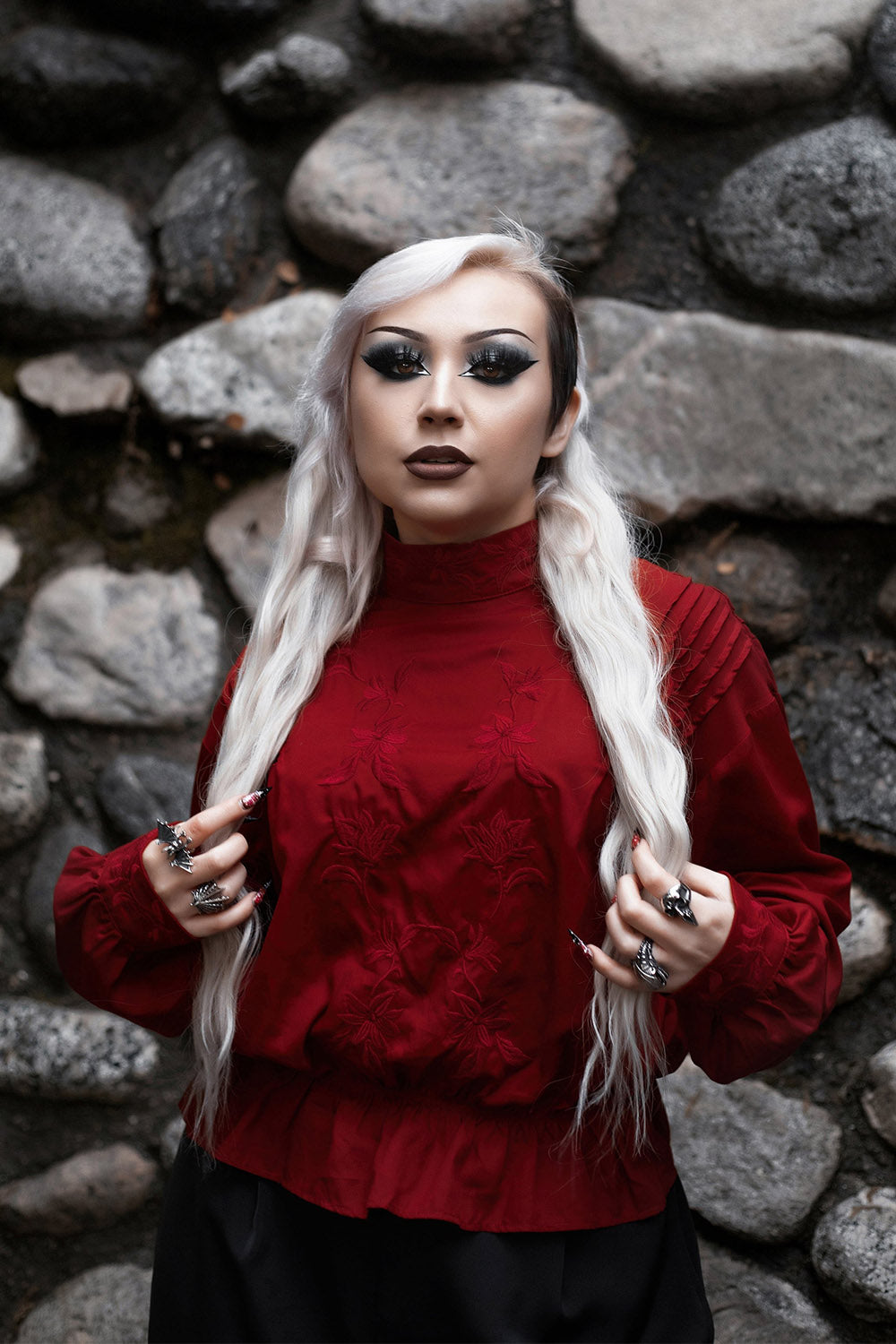 embroidered dark red vampire goth long sleeve shirt