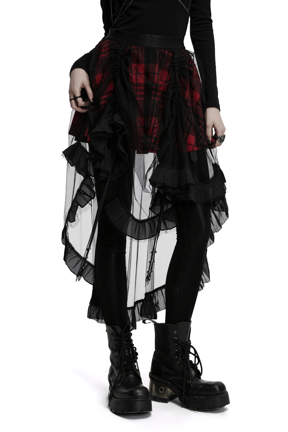 womens plaid punk ruched skirt with mesh overlay skirt