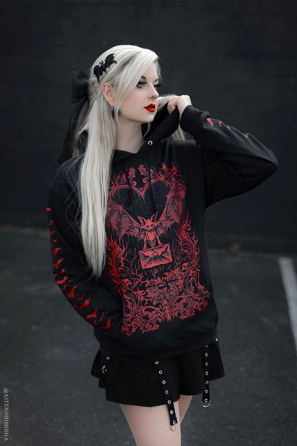 gothic valentine's day pullover hoodie with bat graphic on the front