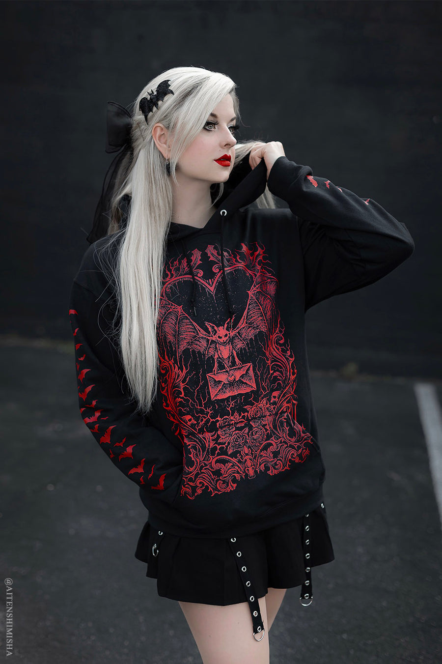 gothic valentine's day pullover hoodie with bat graphic on the front