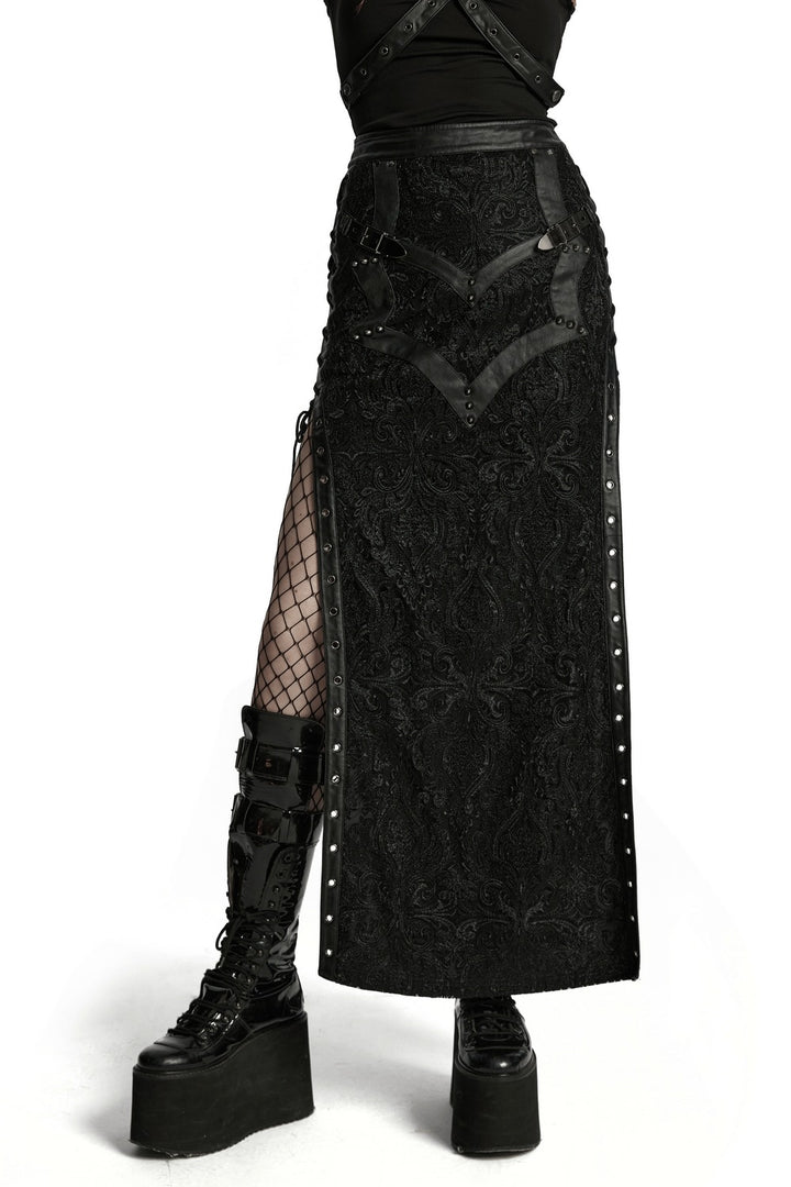 womens black damask victorian goth split leg skirt