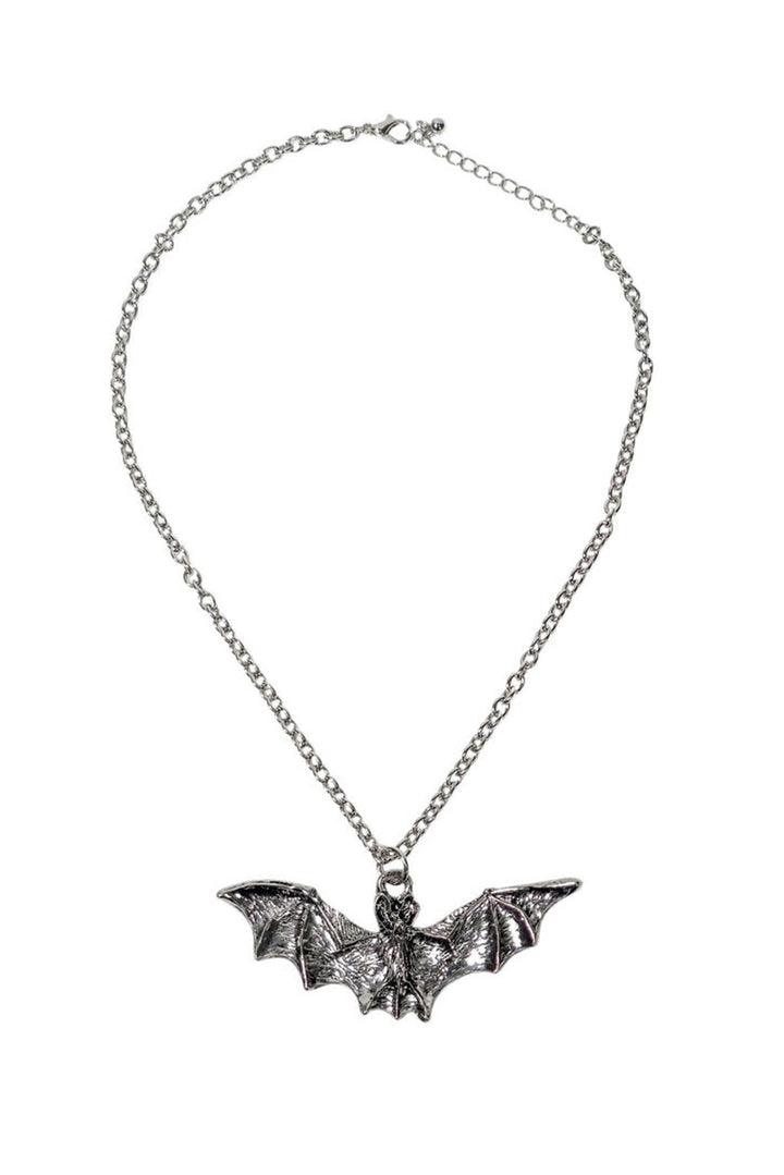 Silver bat necklace on a white background