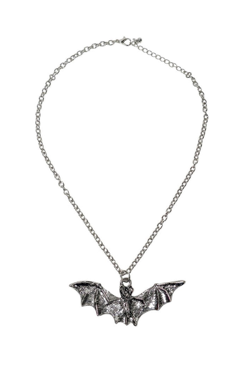 Silver bat necklace on a white background