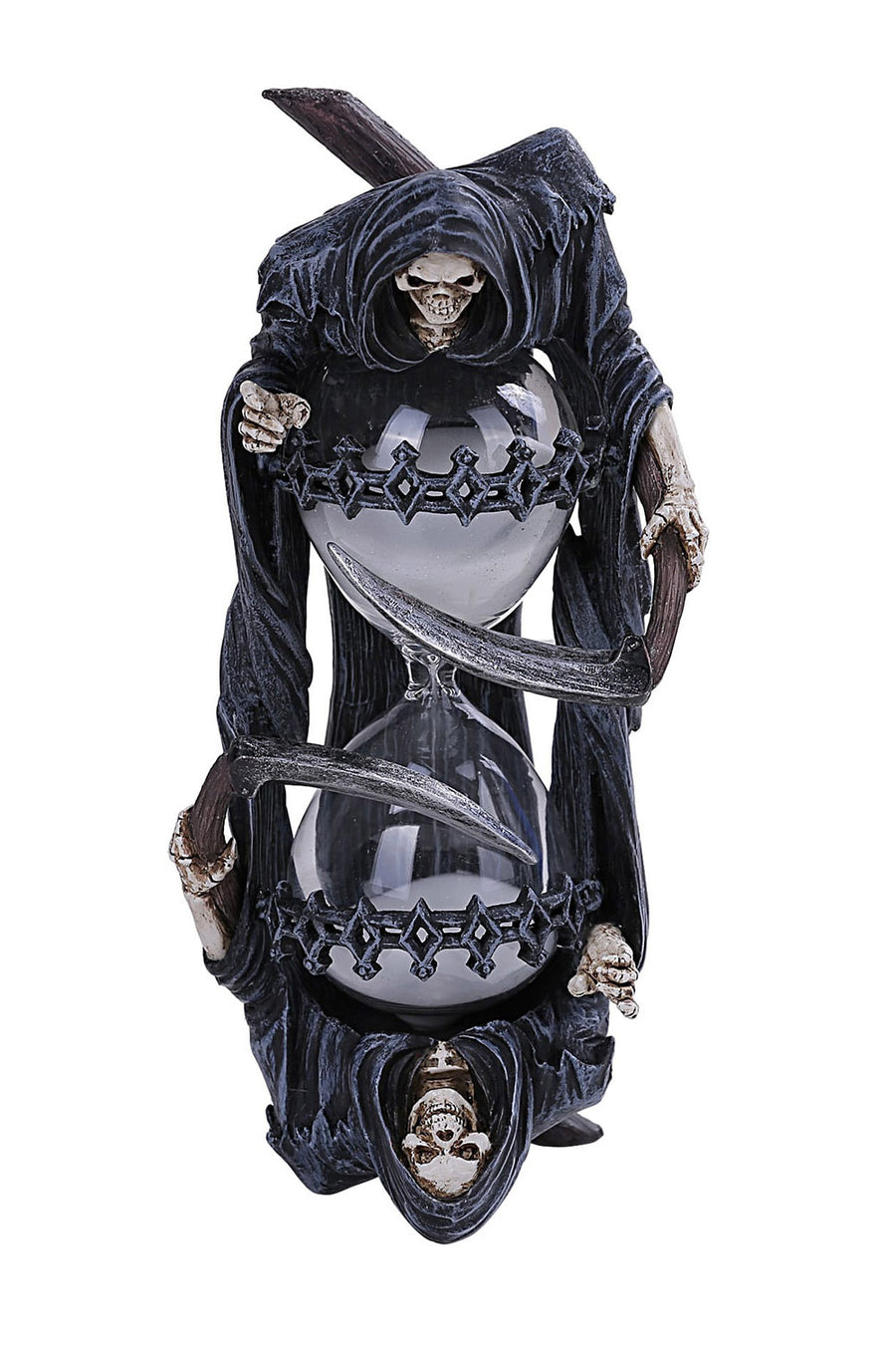 A hand-painted cold-cast resin sand timer featuring a Grim Reaper figure with a scythe, aged detailing, and glass orbs.