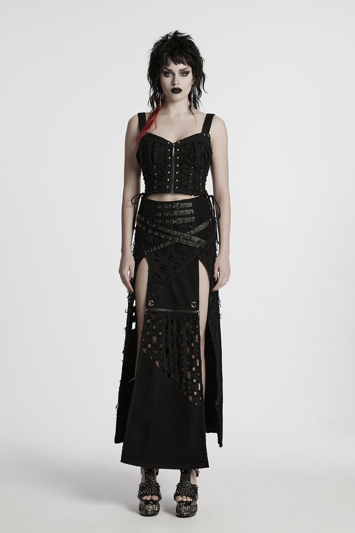 womens vegan leather eyelet studded long skirt