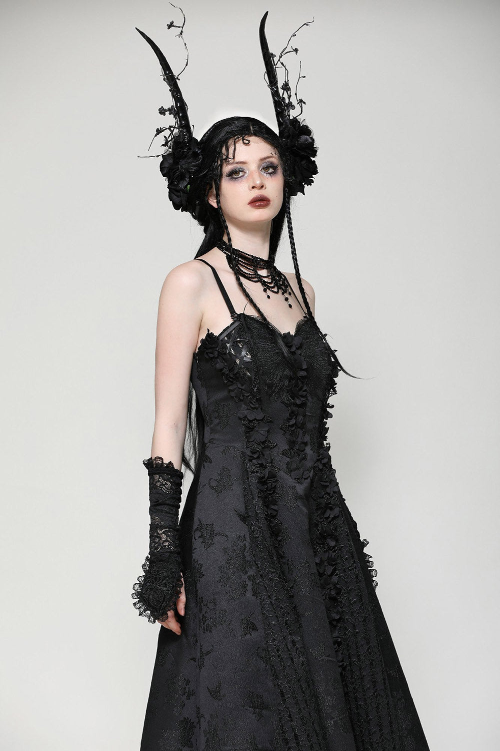 womens black lace floral flower maxi goth gown