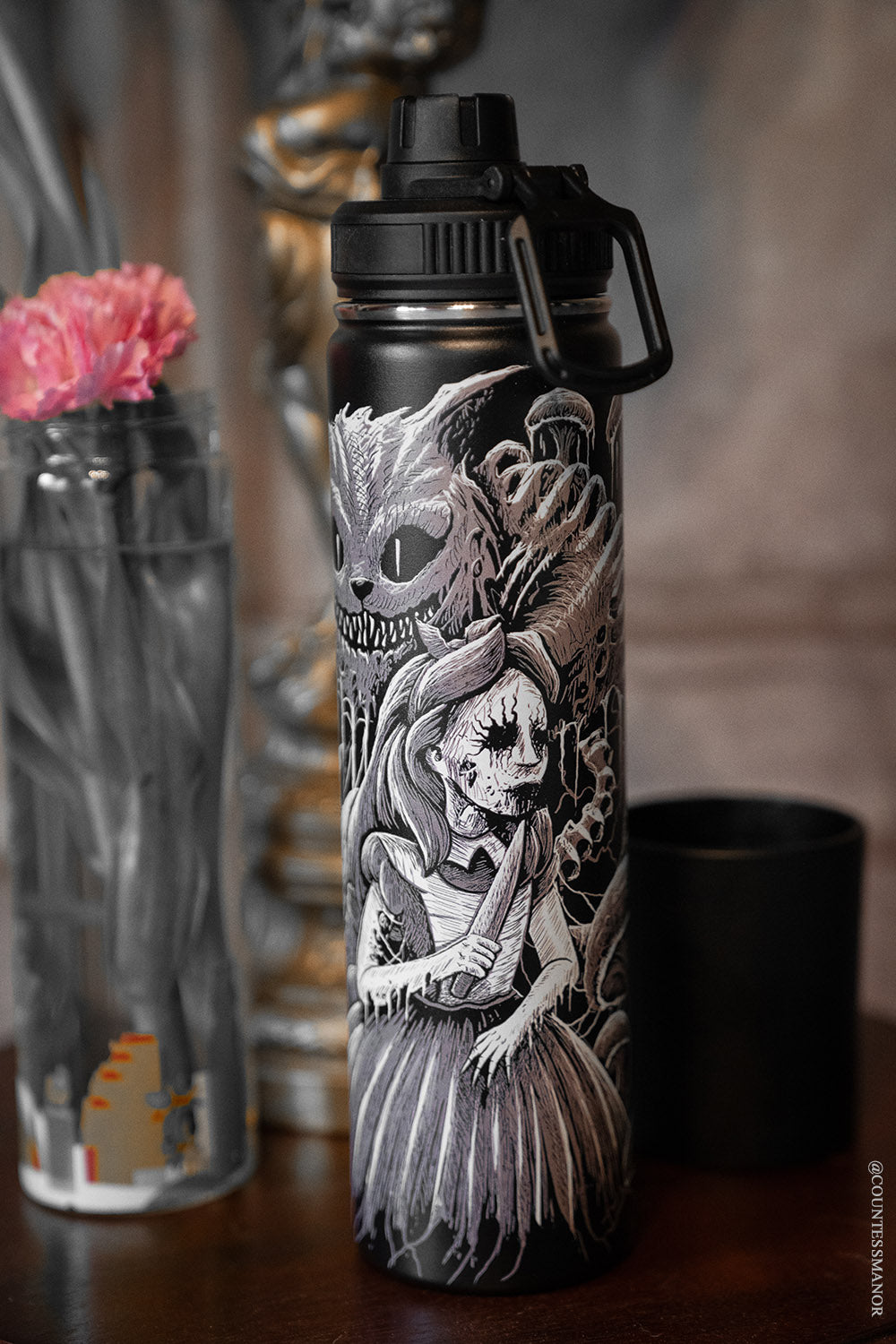 dark alice in wonderland water bottle