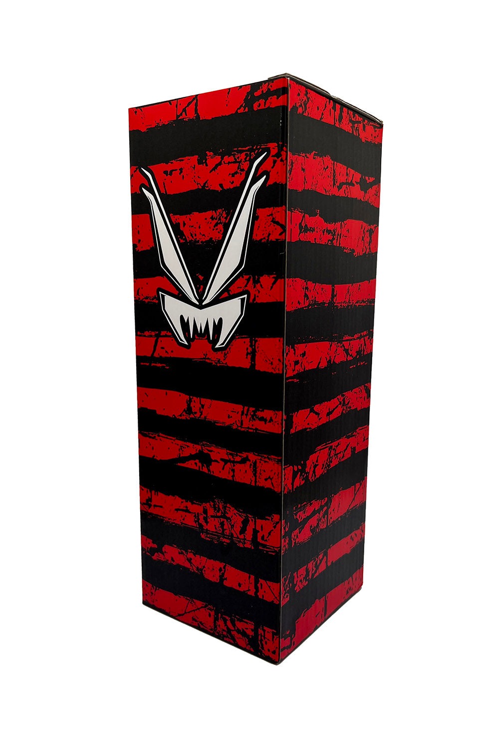 red and black distressed box holding a stainless steel 32 oz water bottle