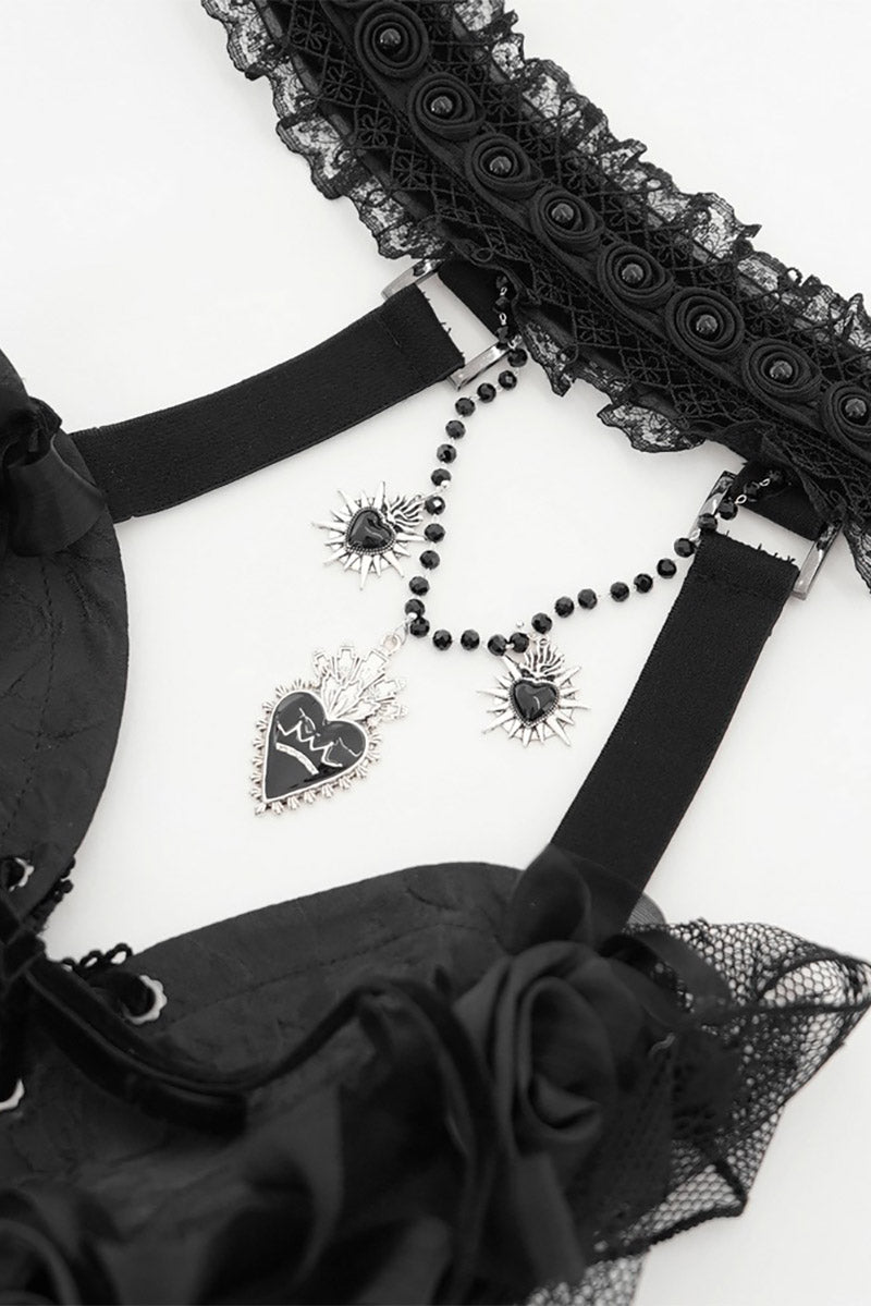 trad goth lace-up tank top with heart charms