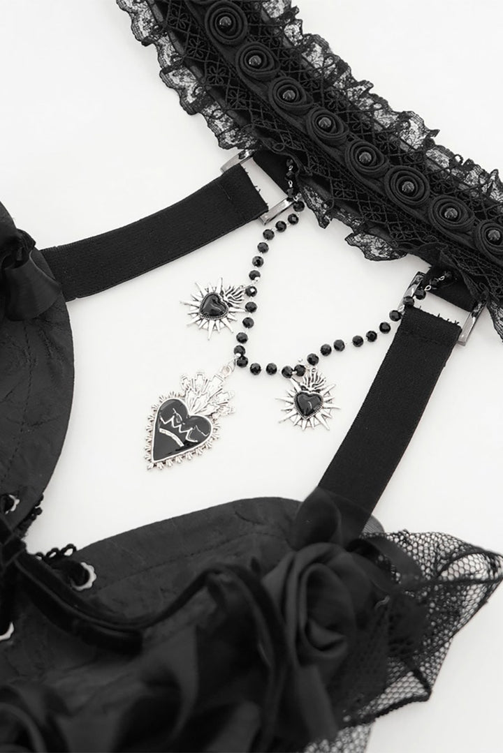 trad goth lace-up tank top with heart charms