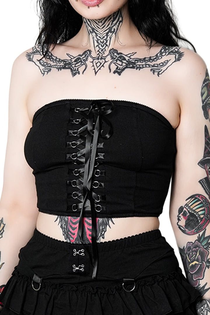 womens black lace-up crop top