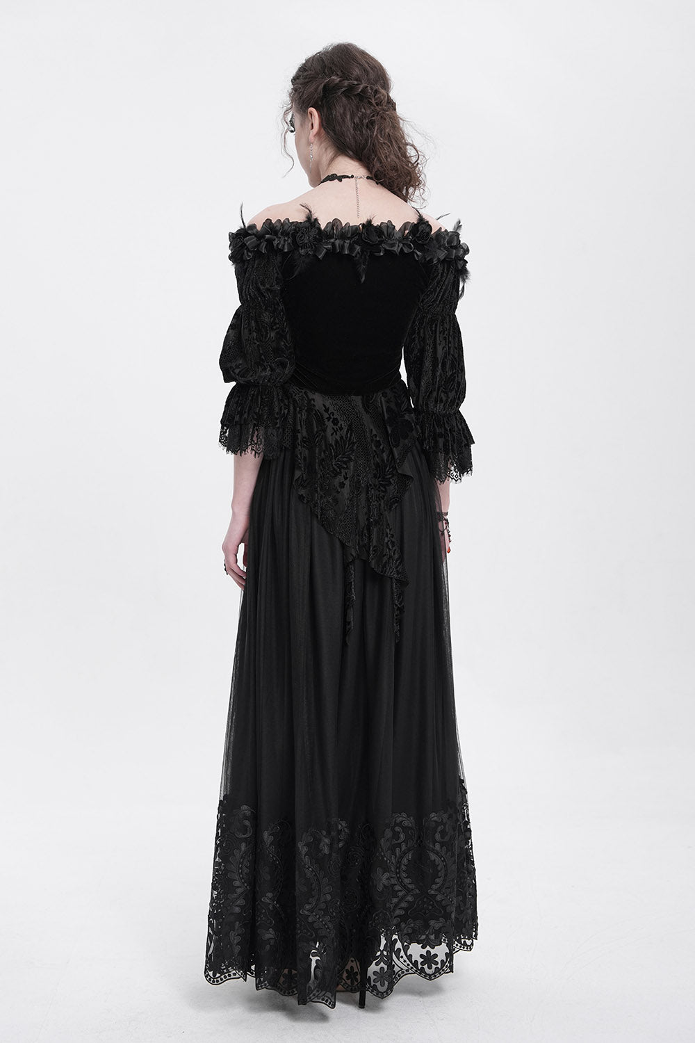 off shoulder faux flower and feather gothic long sleeve blouse