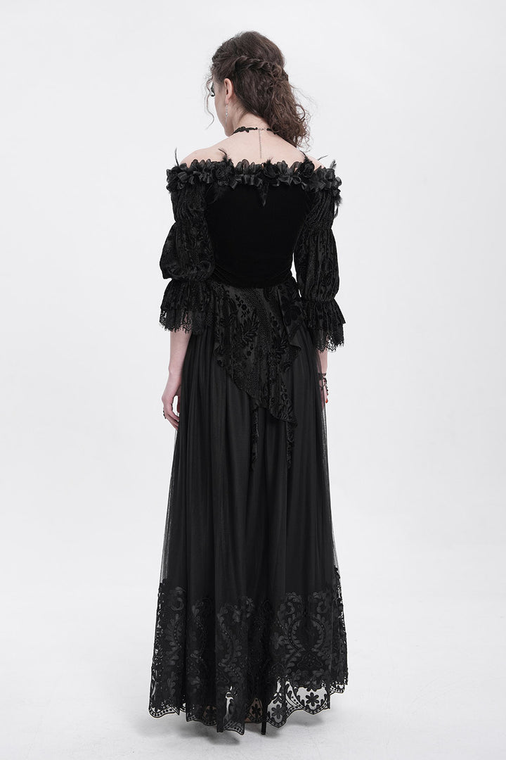 off shoulder faux flower and feather gothic long sleeve blouse