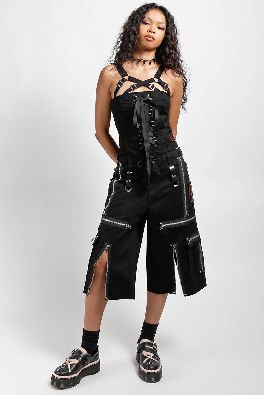 zippered d-ring punk black long shorts