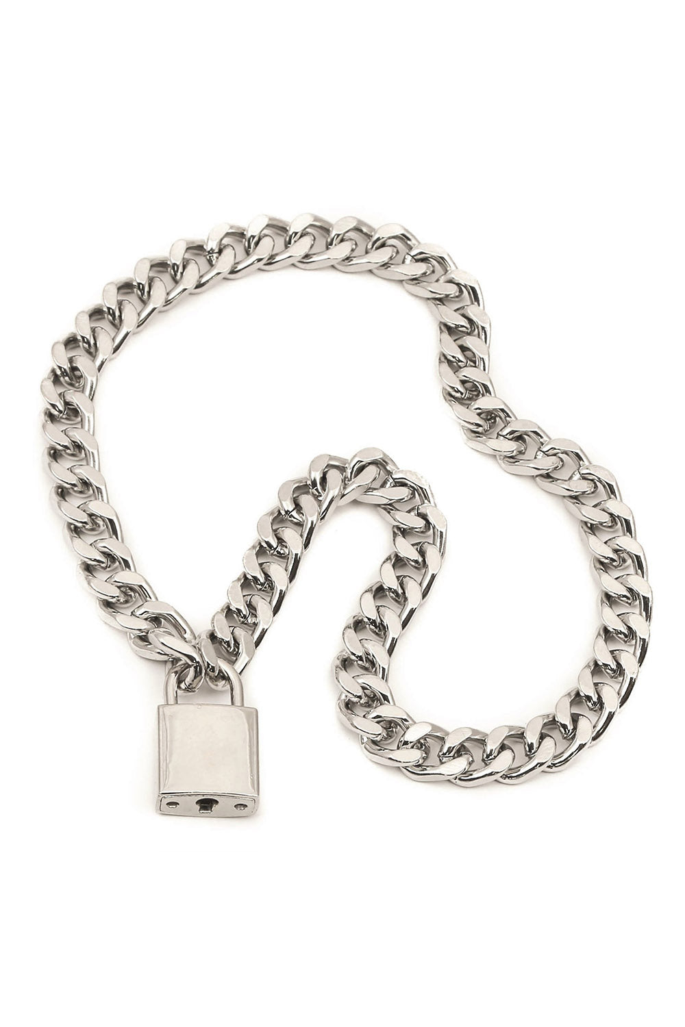 Silver chain  necklace with a padlock on a white background
