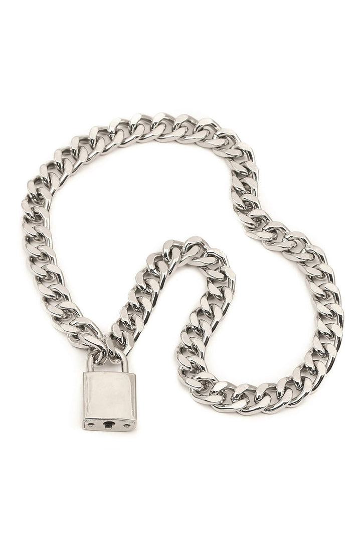 Silver chain  necklace with a padlock on a white background