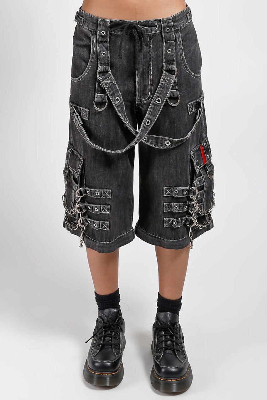 mens grunge grey denim oversized baggy long studded shorts