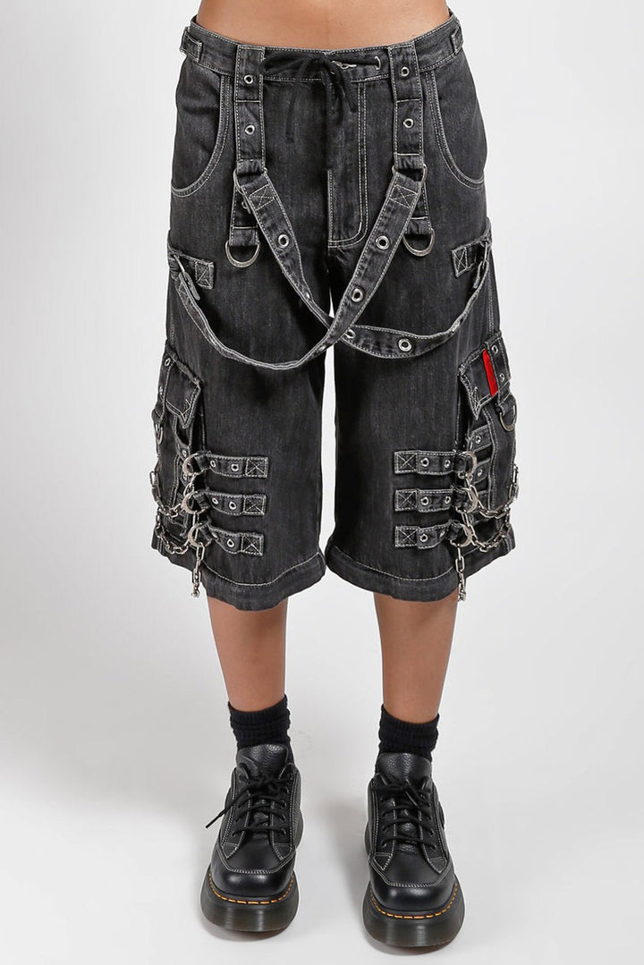 mens grunge grey denim oversized baggy long studded shorts