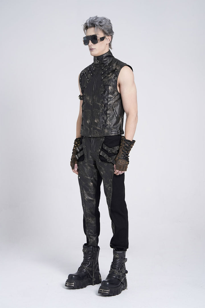mens plus size lace-up vegan leather vest