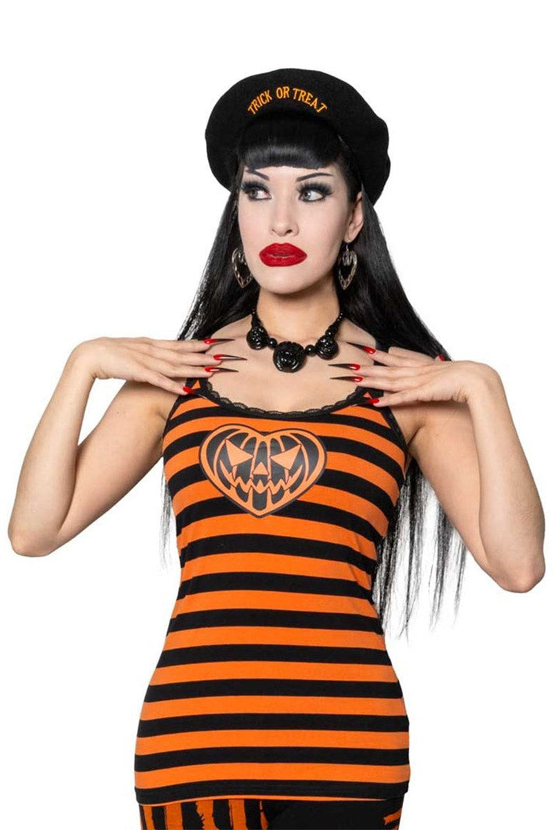 womens emo pumpkin halloween orange and black striped tank top