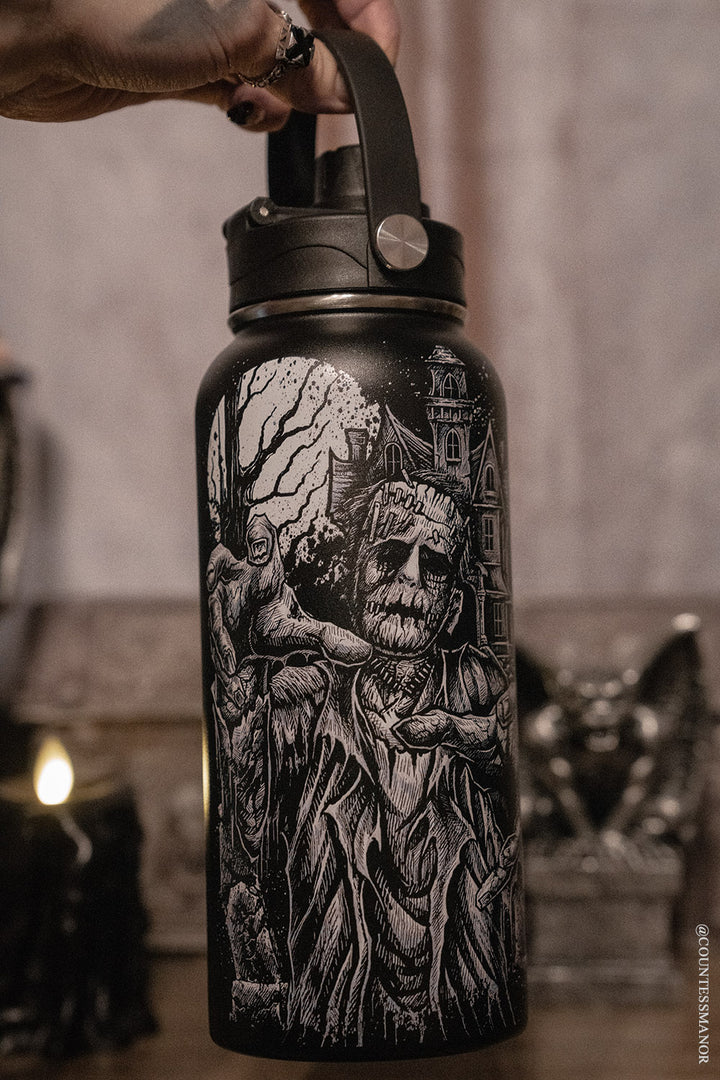 Frankenstein water bottle with top handle lid