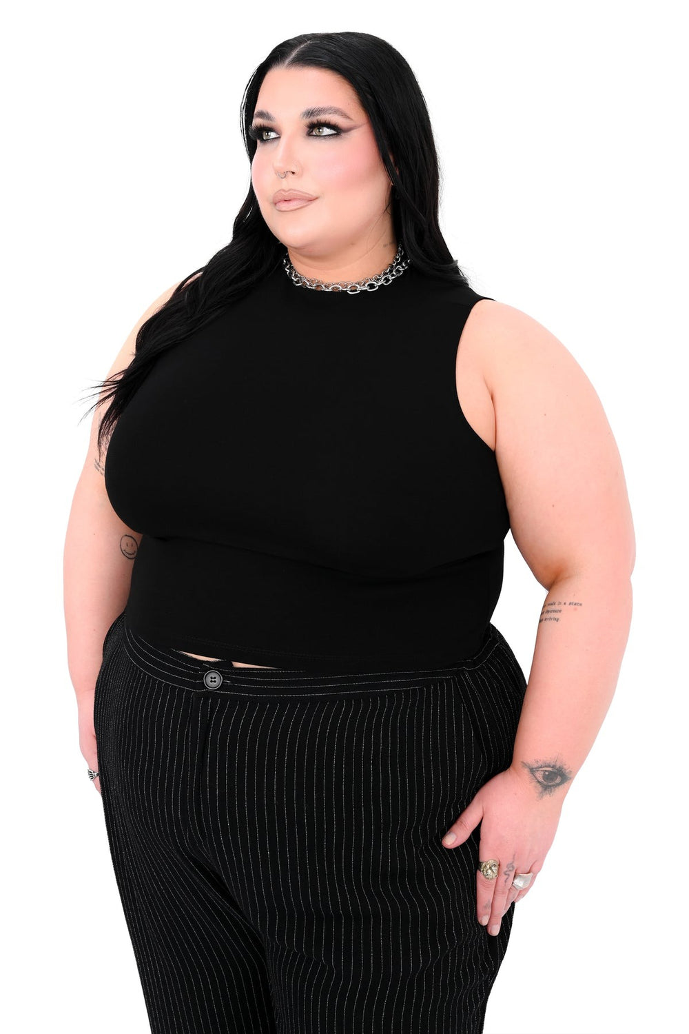 black sleeveless turtleneck tank top