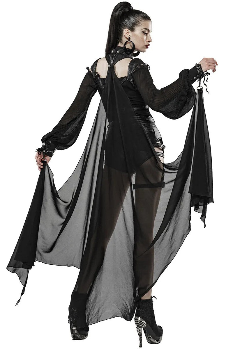 Black feather harness top unisex rave festival caged straps lace cape gothic Mens Black Lace Velvet Feather Cape with Chains main image 2