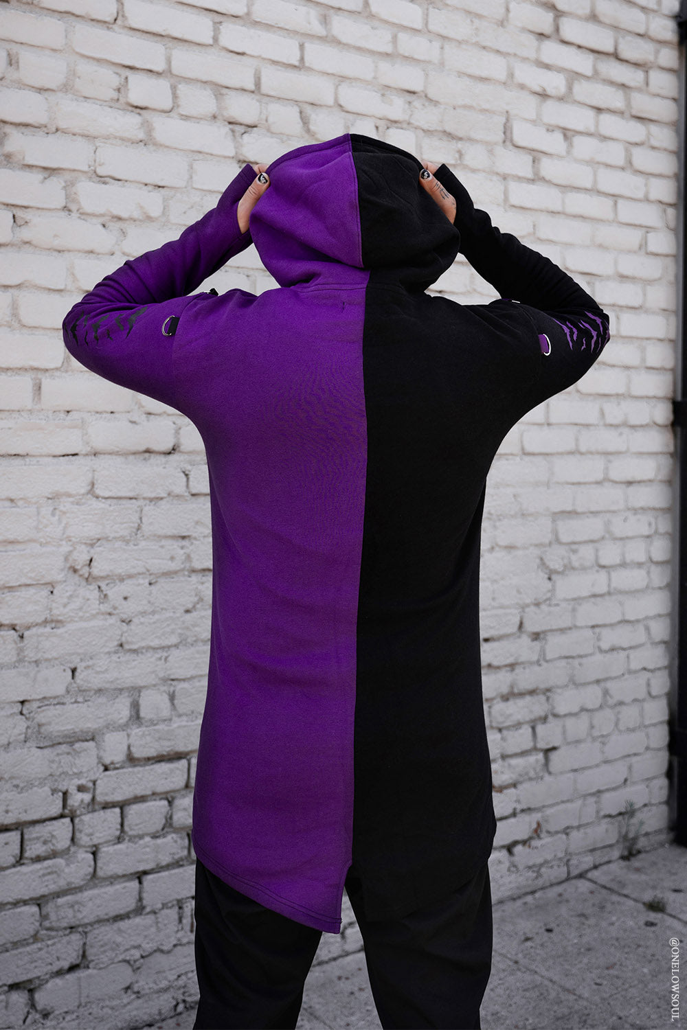 mens split half black and half purple emo hoodie