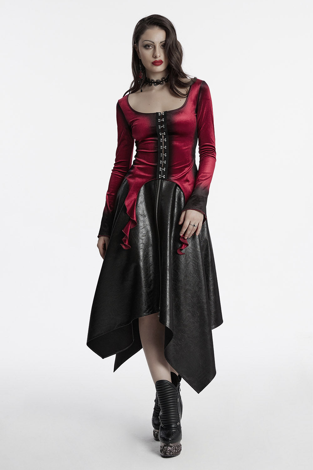 black and red velvet vampire goth top