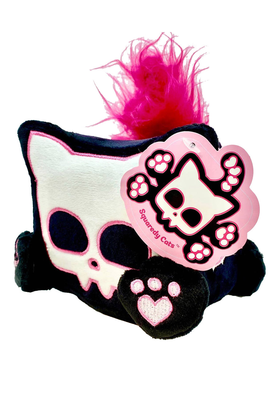 black, white, and pink creepy cute plushie toy