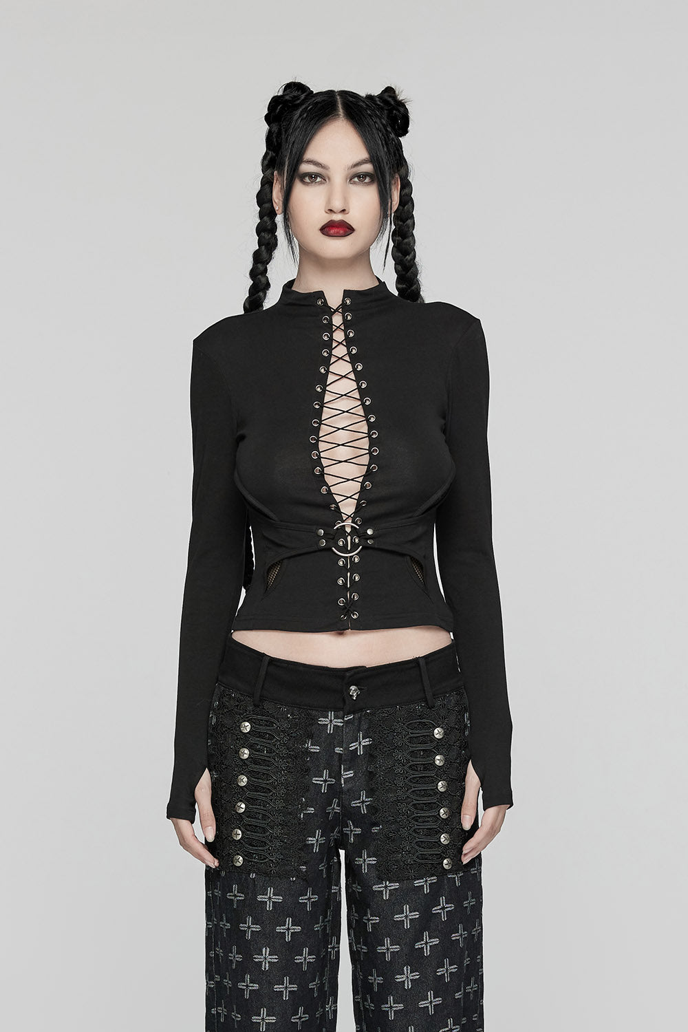 o-ring deep v-neck long sleeve top