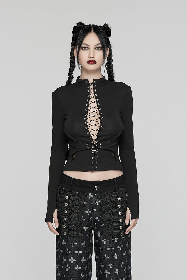 o-ring deep v-neck long sleeve top