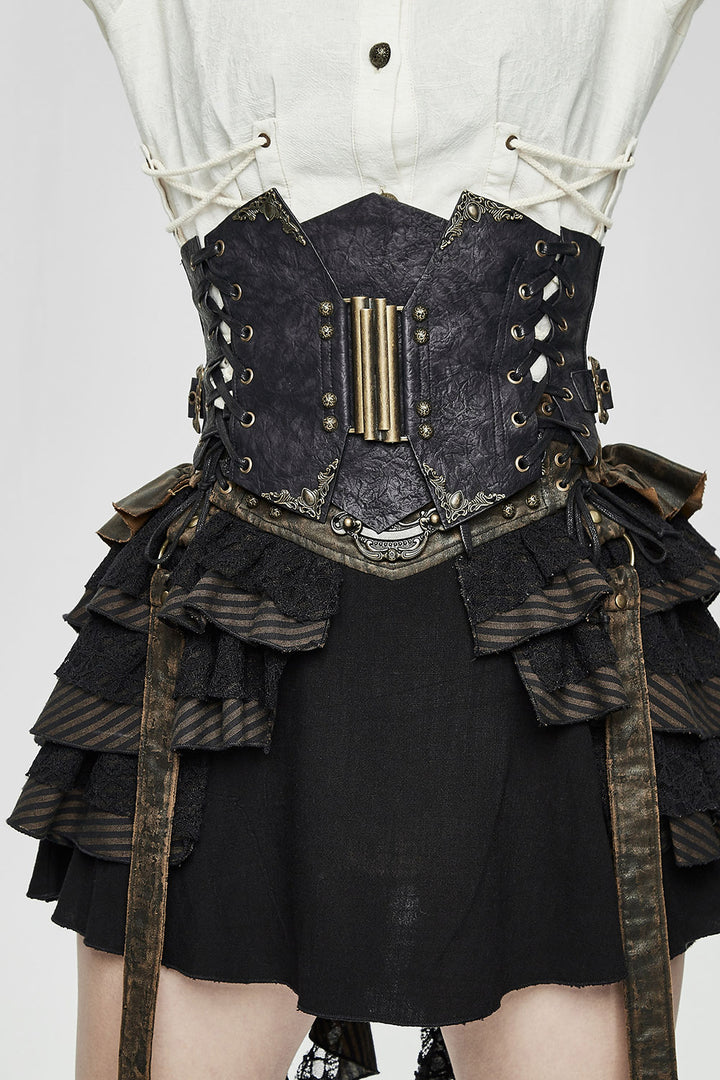 A close-up of a vintage Gothic style corset with bronze buckles and eyelets, featuring adjustable corset lacing and made of textured material.