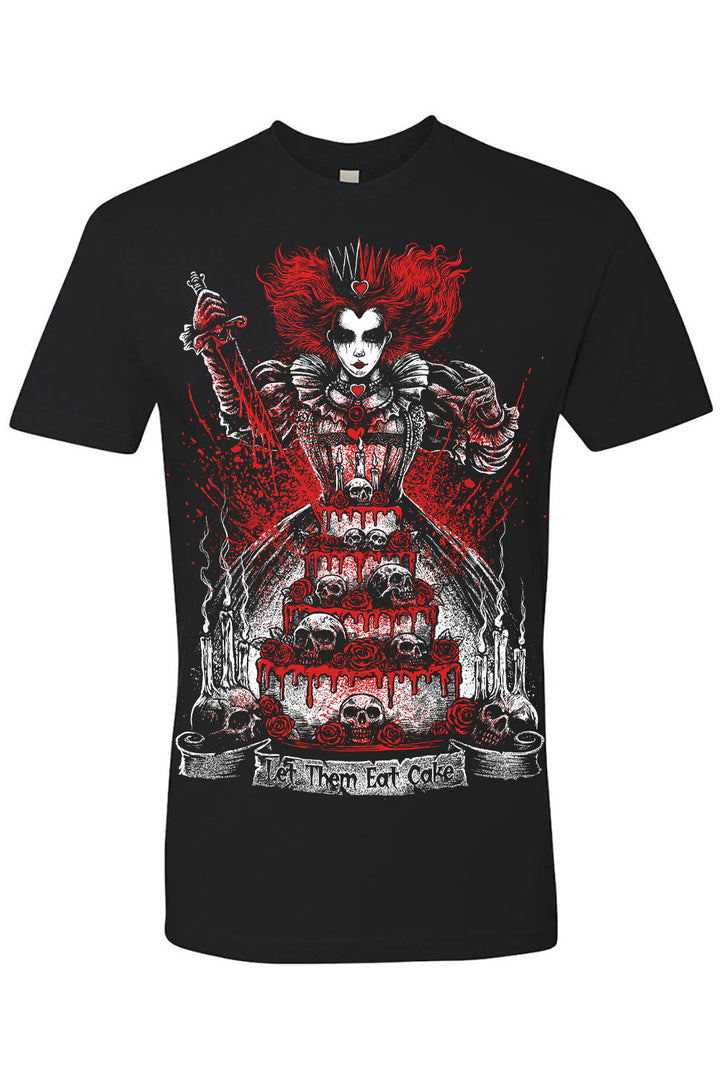Black t-shirt with a graphic design of a character with red hair and skeleton hands on a white background