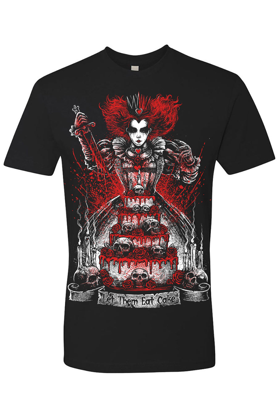 Black t-shirt with a graphic design of a character with red hair and skeleton hands on a white background