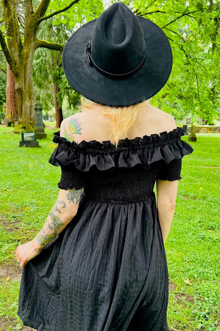 womens black off-the-shoulder ruffled cottagecore prairie dress