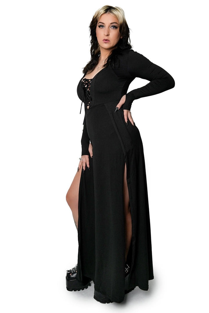 long leg-slit gothic dress with thumbholes