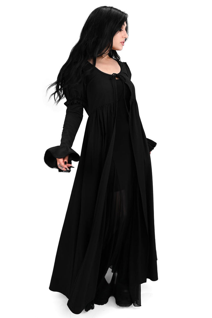 ruffle flared sleeve cuff long black open front cardigan duster cloak