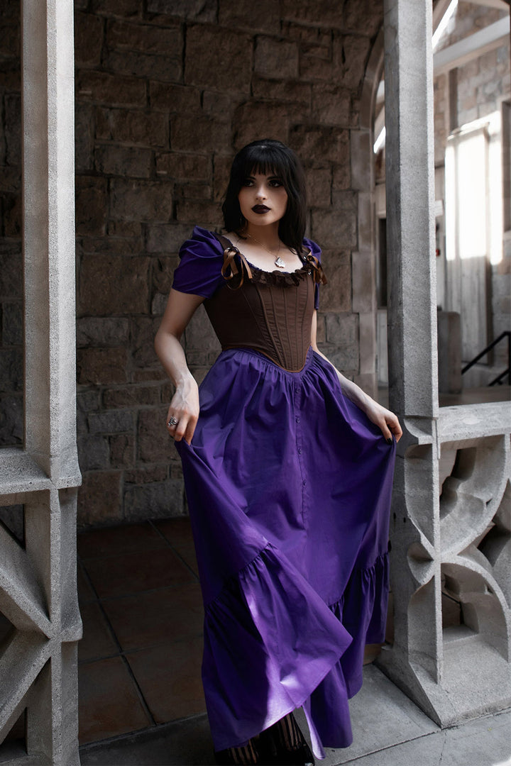 vintage inspired puff shoulder ruffled long dress
