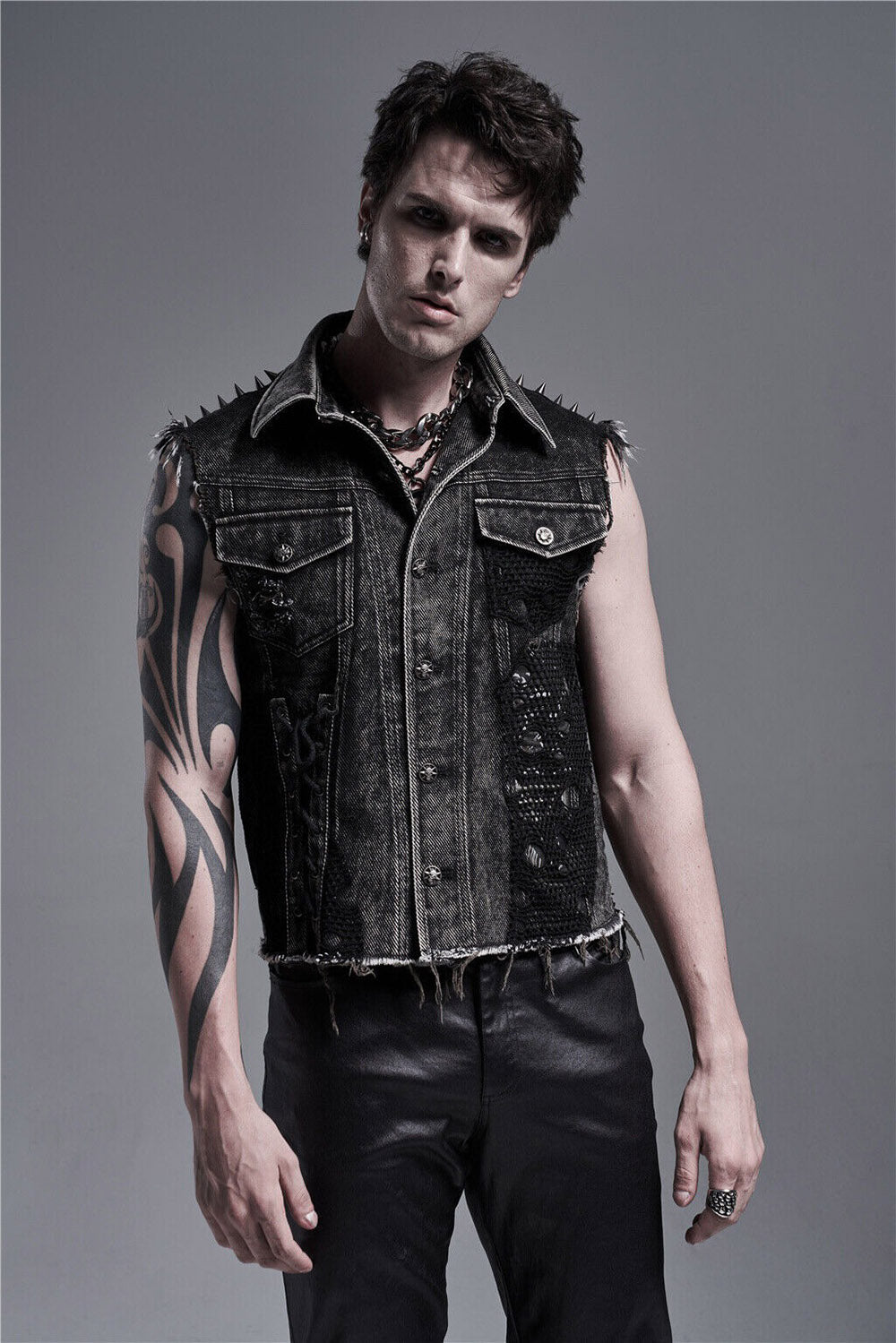 Punk Jacket Leather Vest With Spikes Mens Black Studded High